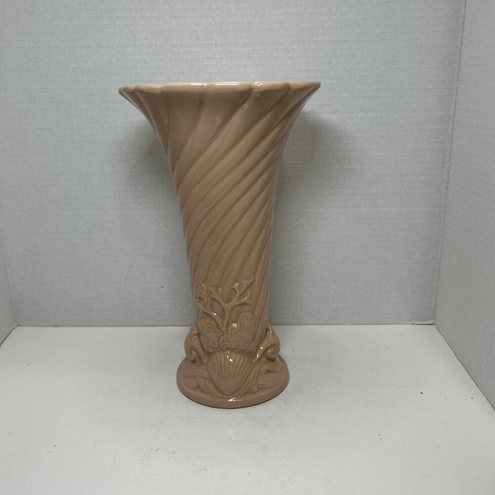Vtg Princeton China Coral Dusty Pink Seashell Swirl Flared 10" Ceramic Vase